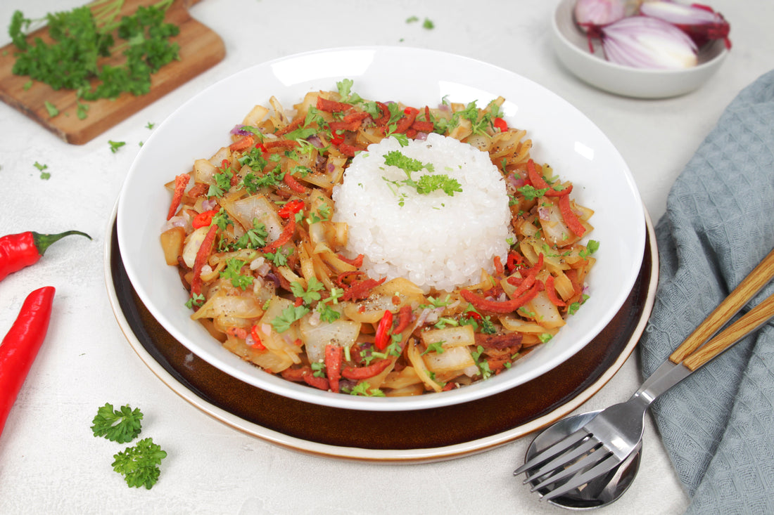 Würzige Weißkohlpfanne mit Konjakreis