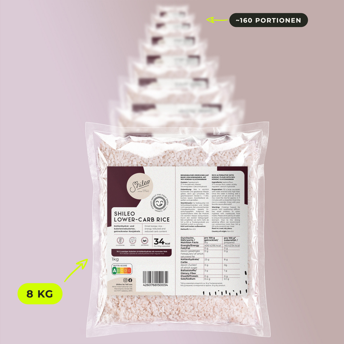 Shileo Vorratspaket Lower-Carb Rice, 8 kg in acht 1 kg Packungen