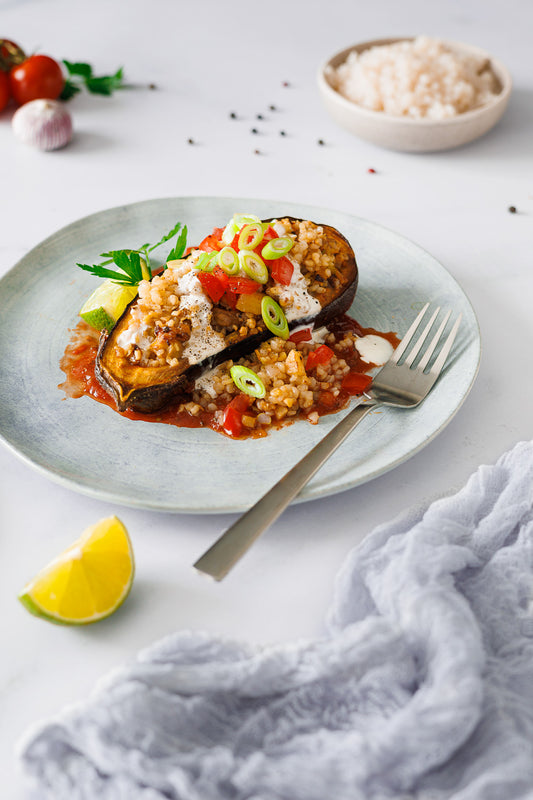 Gefüllte Aubergine mit Konjakreis